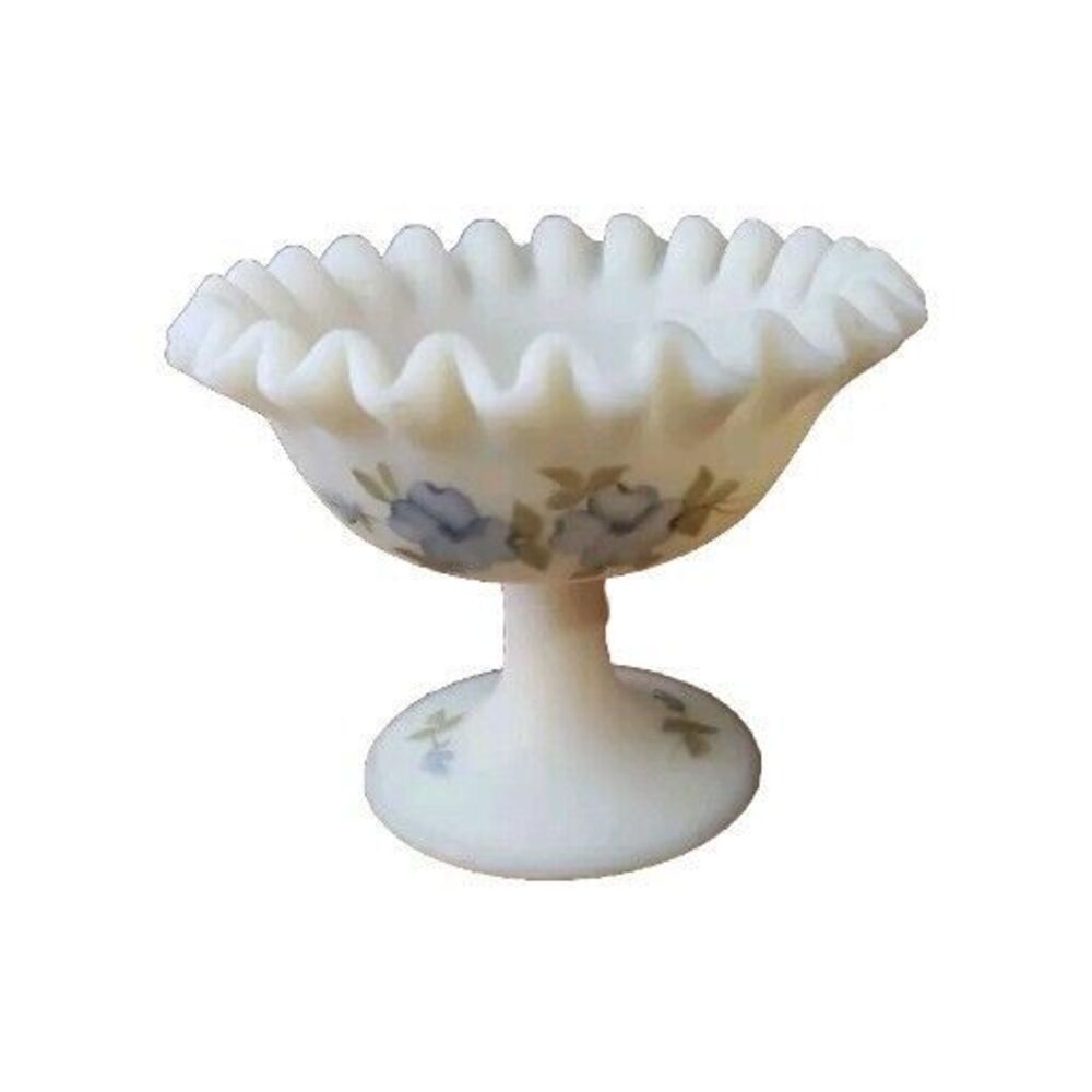 Fenton Small Compote Custard Satin Glass Crimped Hand Painted Blue Flower Signed
